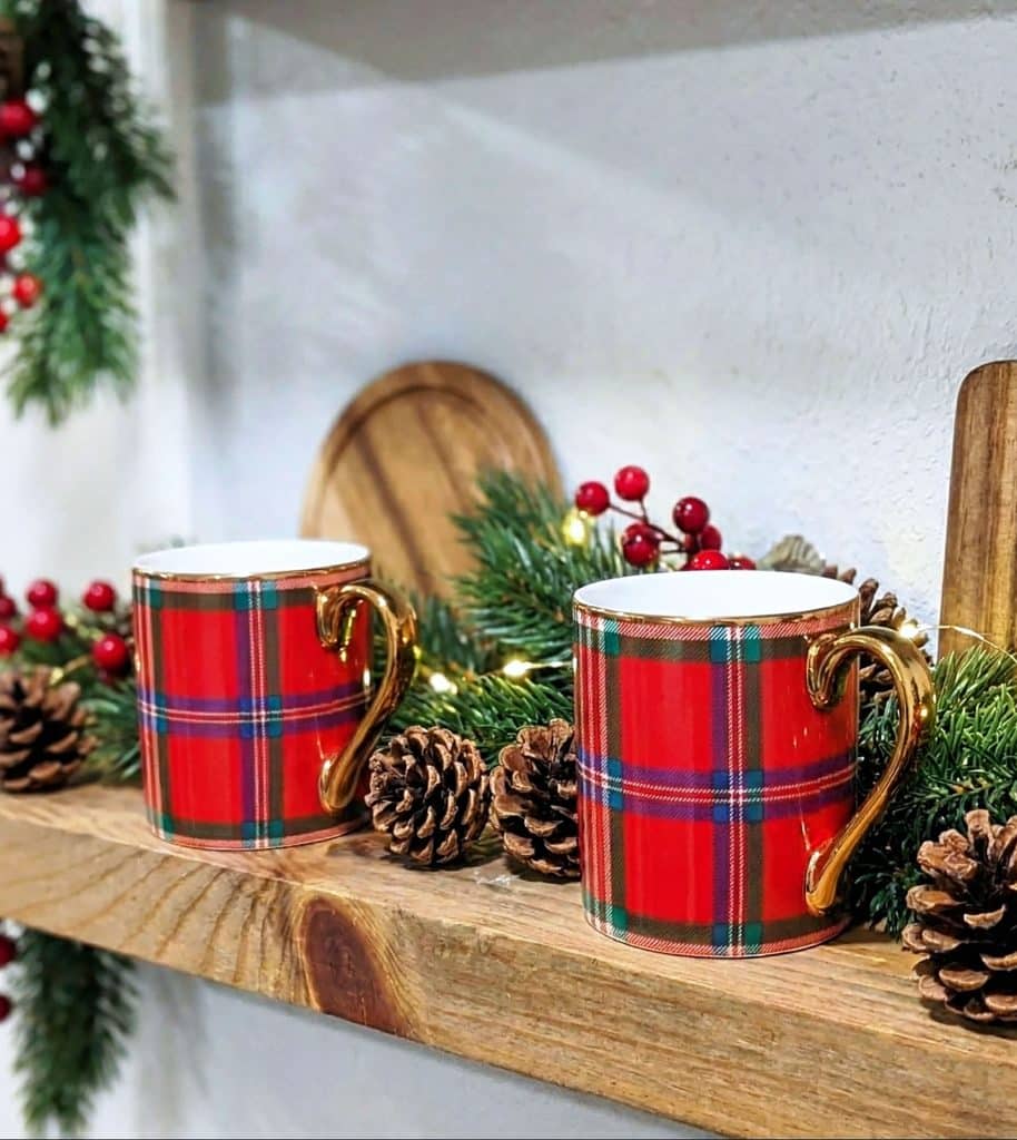 plaid Christmas kitchen decorations, red tartan plaid coffee mugs, ralph lauren Christmas beautifuleatsandthings.com