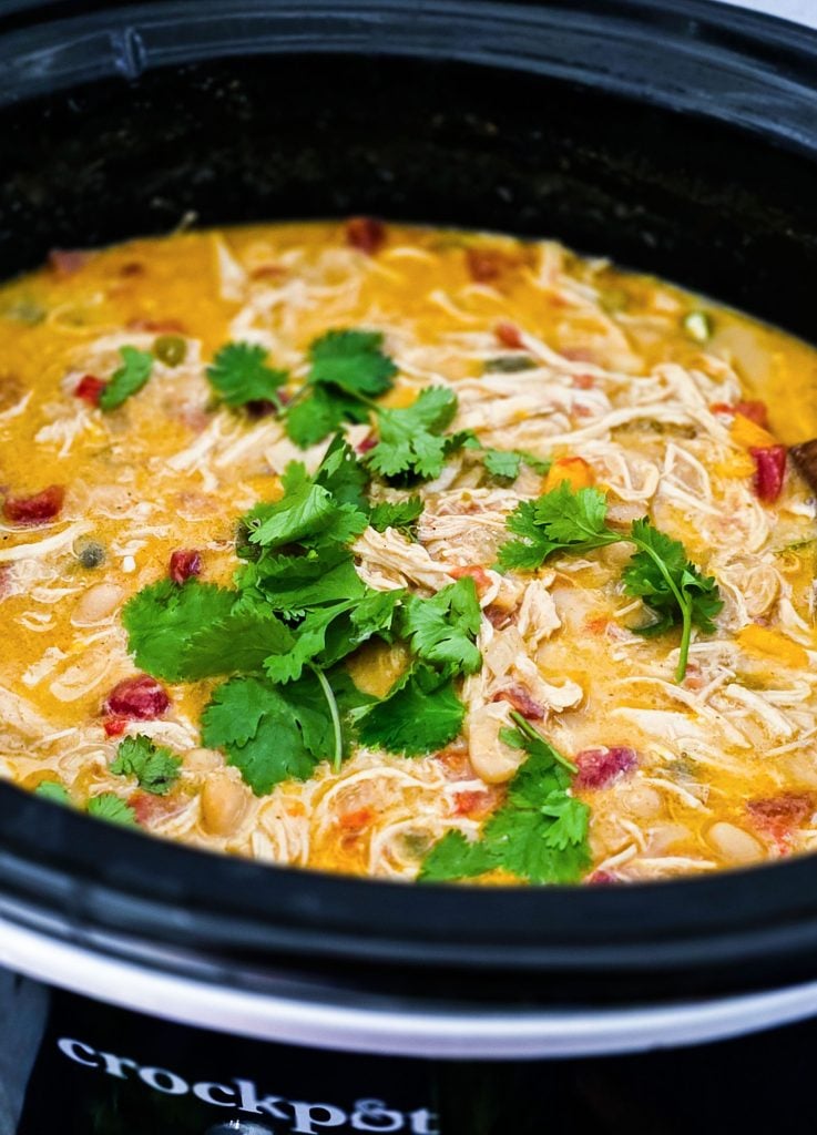 Slow Cooker Creamy White Chicken Chili (Crockpot Recipe) for busy weeknights, easy recipes for busy families, topped with cilantro, limes, sour cream and green onions
beautifuleatsandthings.com