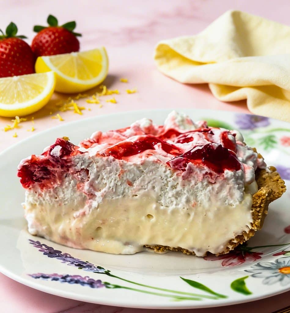 No bake strawberry lemon icebox pie with graham cracker crust on a pink marble surface
beautifuleatsandthings.com