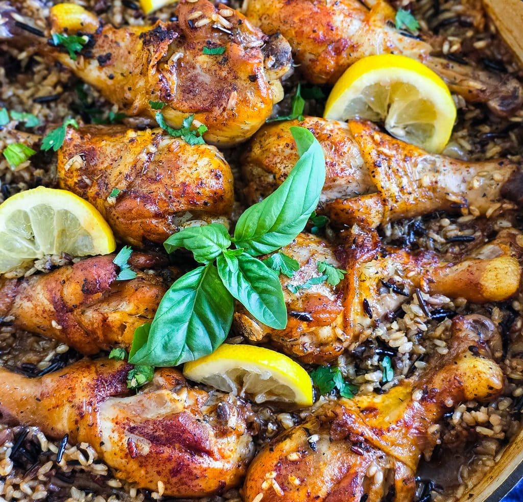Close-up of lemon basil chicken and wild rice showing tender chicken and fluffy rice
beautifuleatsandthings.com