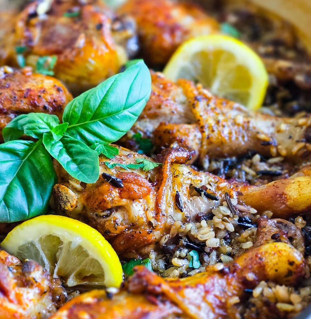 Close-up of lemon basil chicken and wild rice showing tender chicken and fluffy rice
beautifuleatsandthings.com