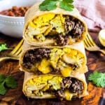 Turkey sausage breakfast burritos with eggs, roasted potatoes, ground turkey and cheese beautifuleatsandthings.com