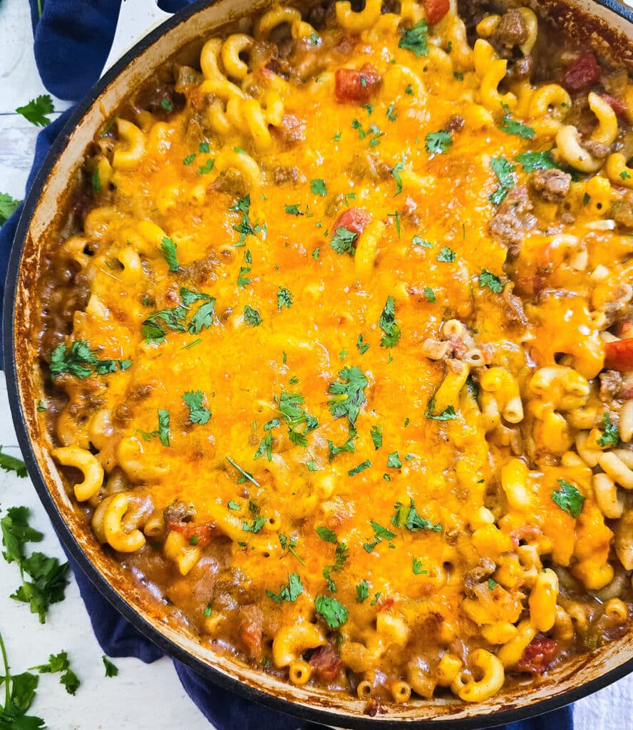 Creamy Chili Mac Recipe made in one-pot, one-skillet, with cream and cheese. It's budget-friendly, cheap, and healthy beautifuleatsandthings.com