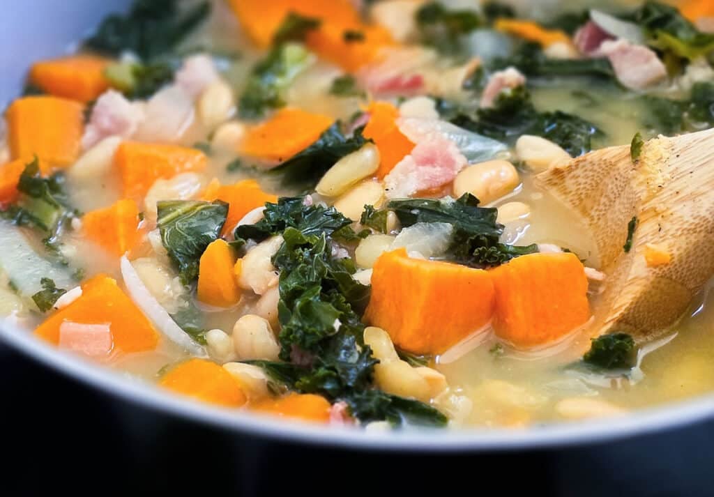 Easy Sweet Potato White Bean Soup with Kale & Bacon beautifuleatsandthings.com