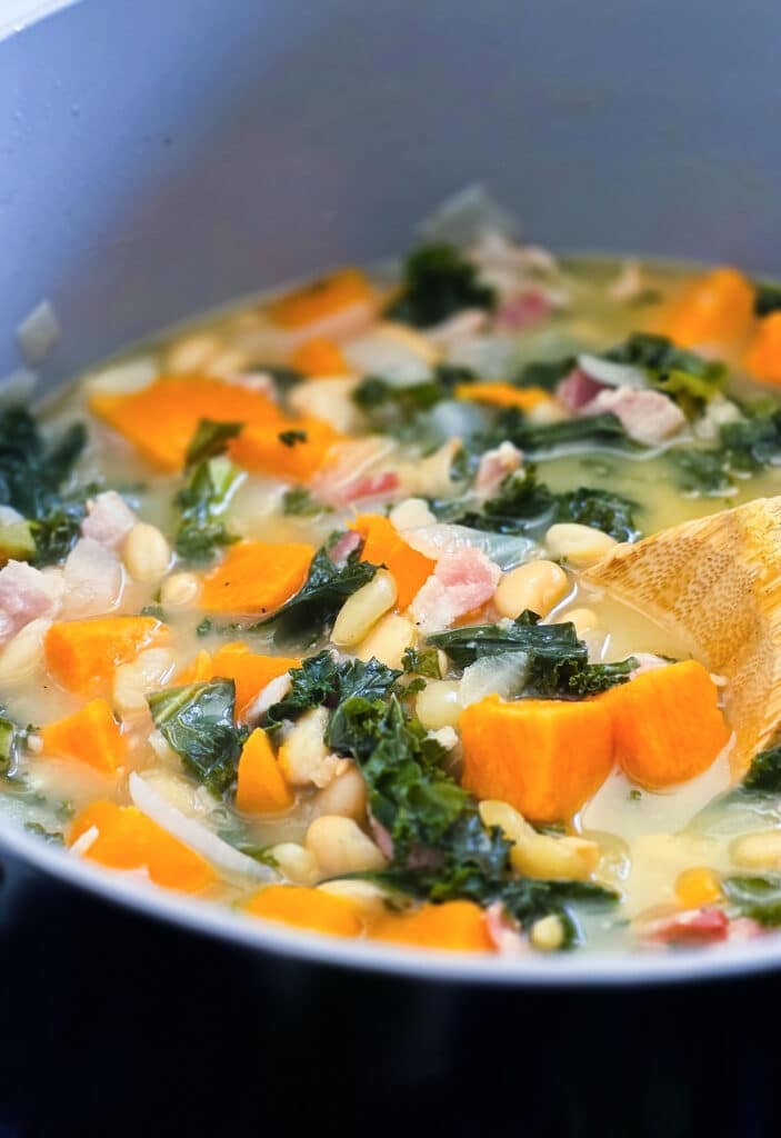 Easy Sweet Potato White Bean Soup with Kale & Bacon beautifuleatsandthings.com